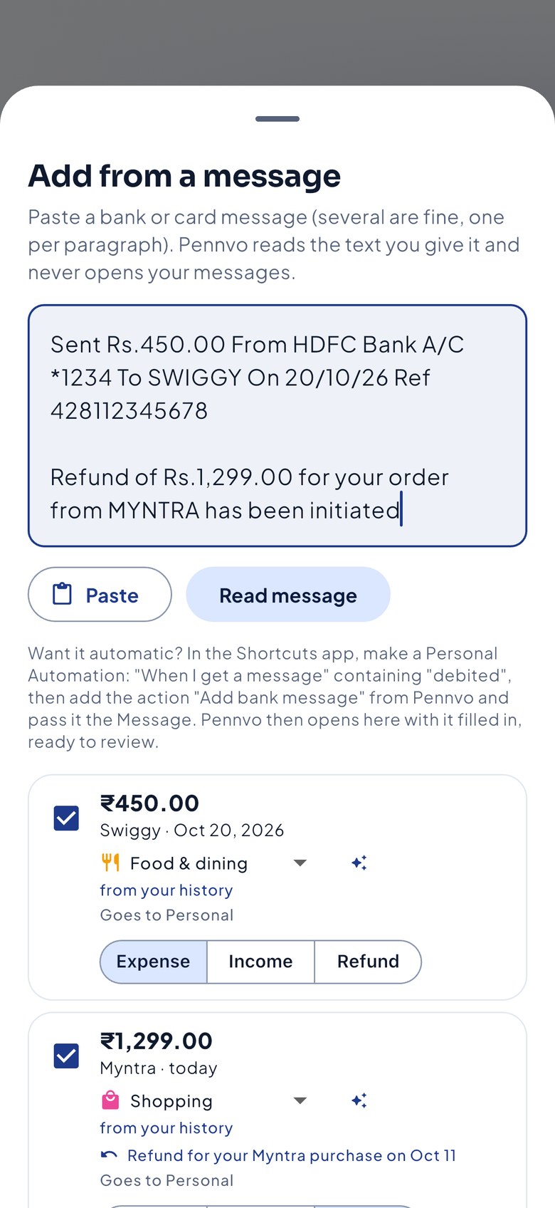 Adding two bank messages, with a refund matched to its purchase